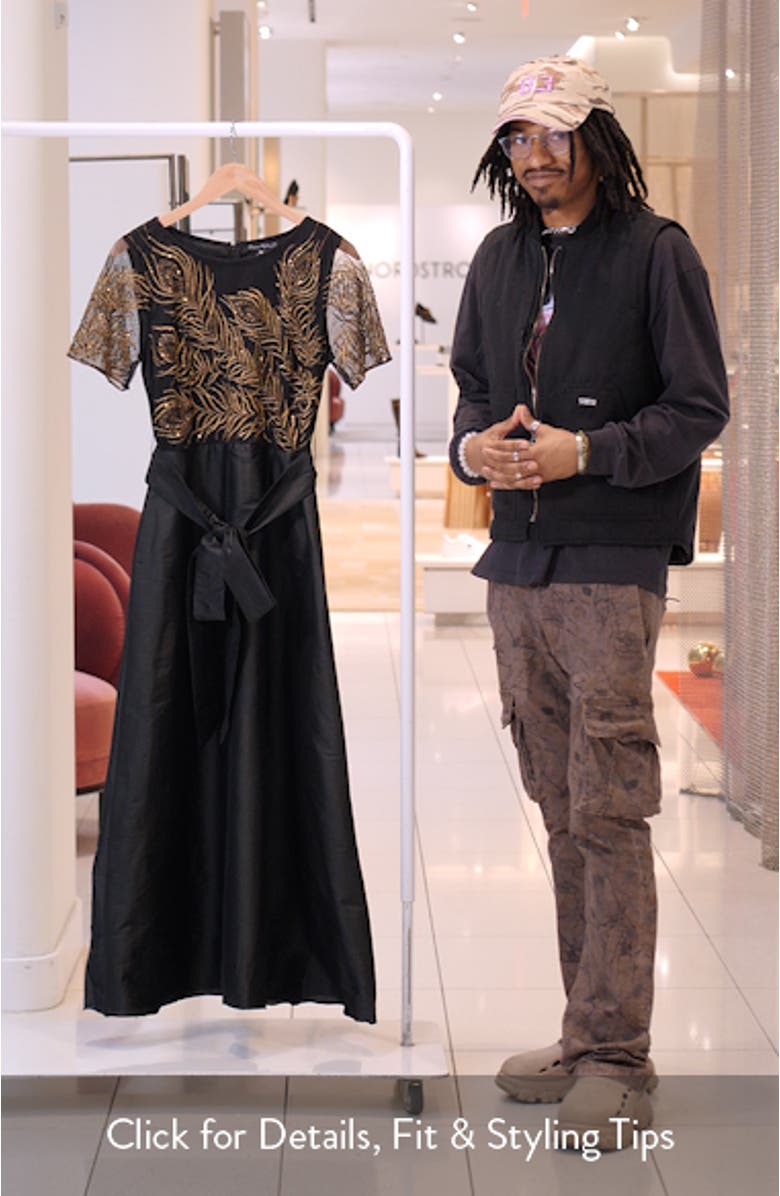 Beaded Embroidered Short Sleeve Taffeta A-Line Gown, sales video thumbnail