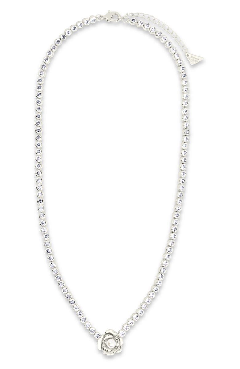 Sterling Forever Rosa Pearl Flower Cubic Zirconia Tennis Necklace, Alternate, color, Silver