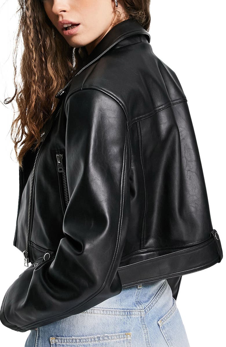 Topshop Faux Leather Biker Jacket, Alternate, color,