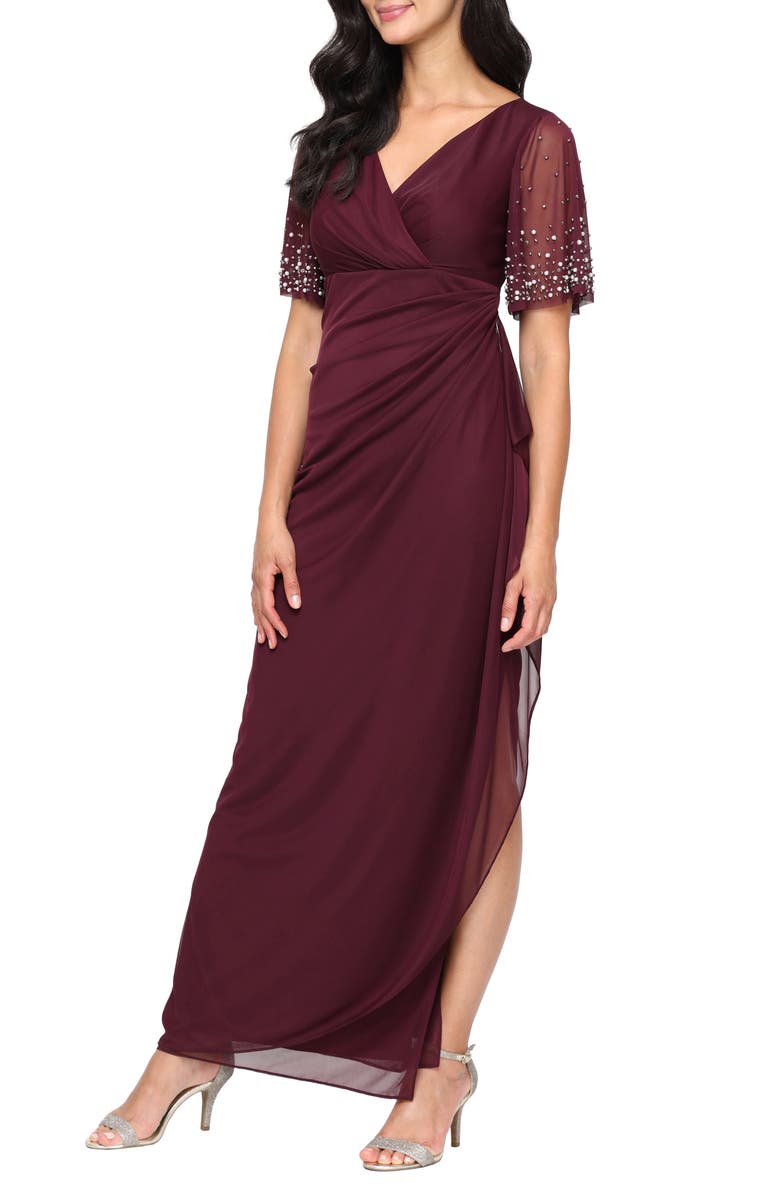 Alex Evenings Imitation Pearl & Rhinestone Embellished Empire Waist Gown, Main, color, Fig