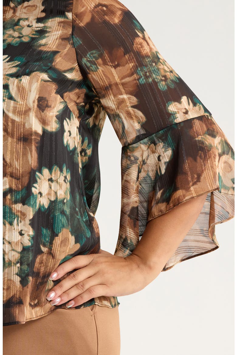 Metallic Floral Ruffle Sleeve Top, Alternate, color, EVERGREEN MULTI