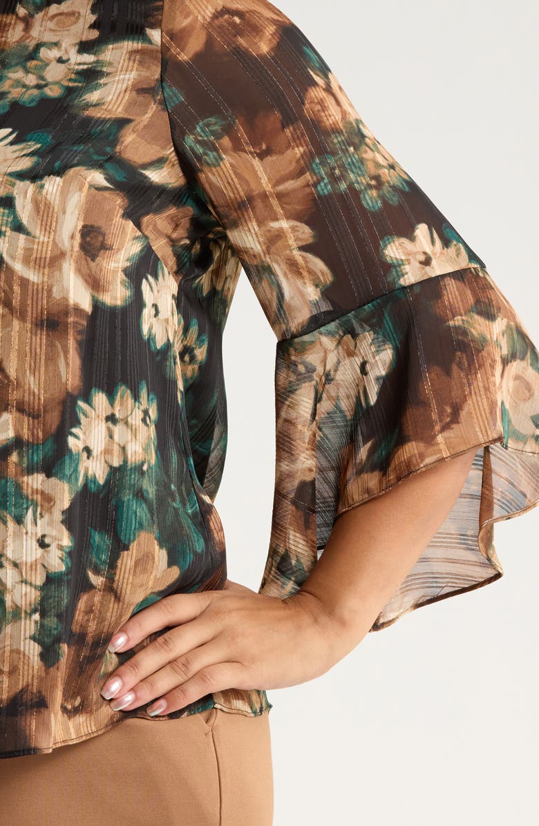 KASPER Metallic Floral Ruffle Sleeve Top, Alternate, color, Evergreen Multi