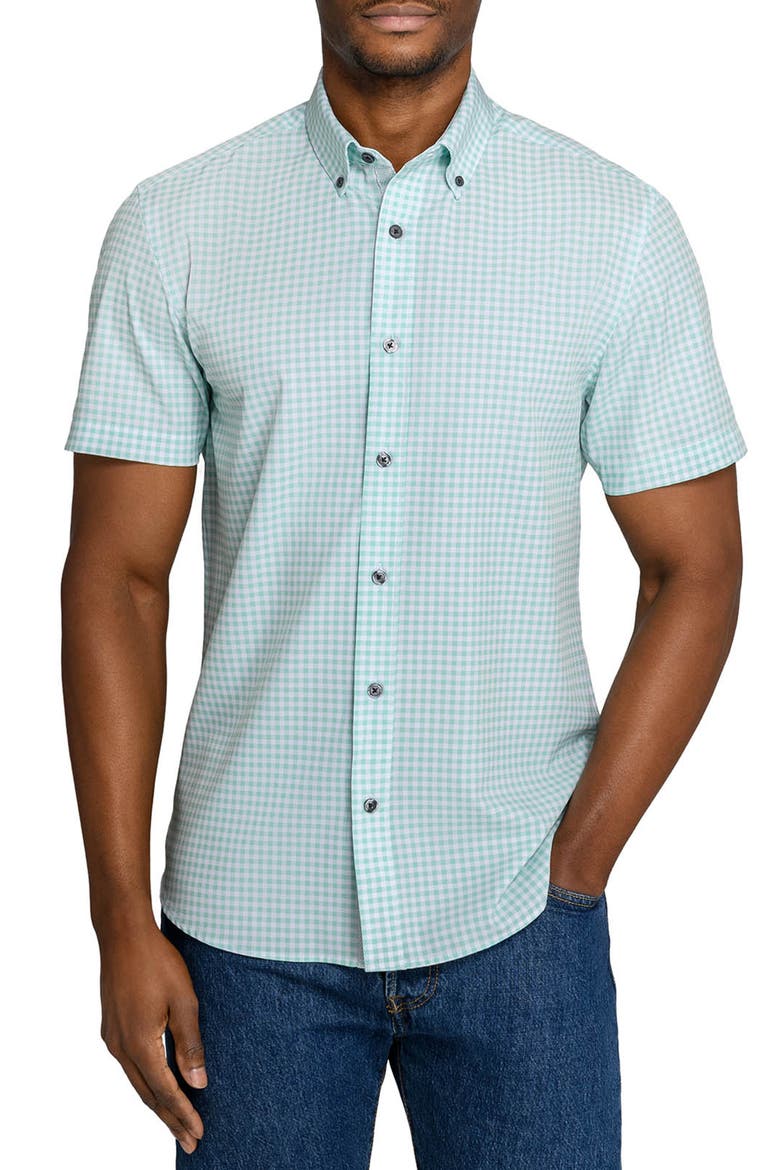 Slim Fit Gingham Woven Short Sleeve Basic Shirt, Main, color, MINT