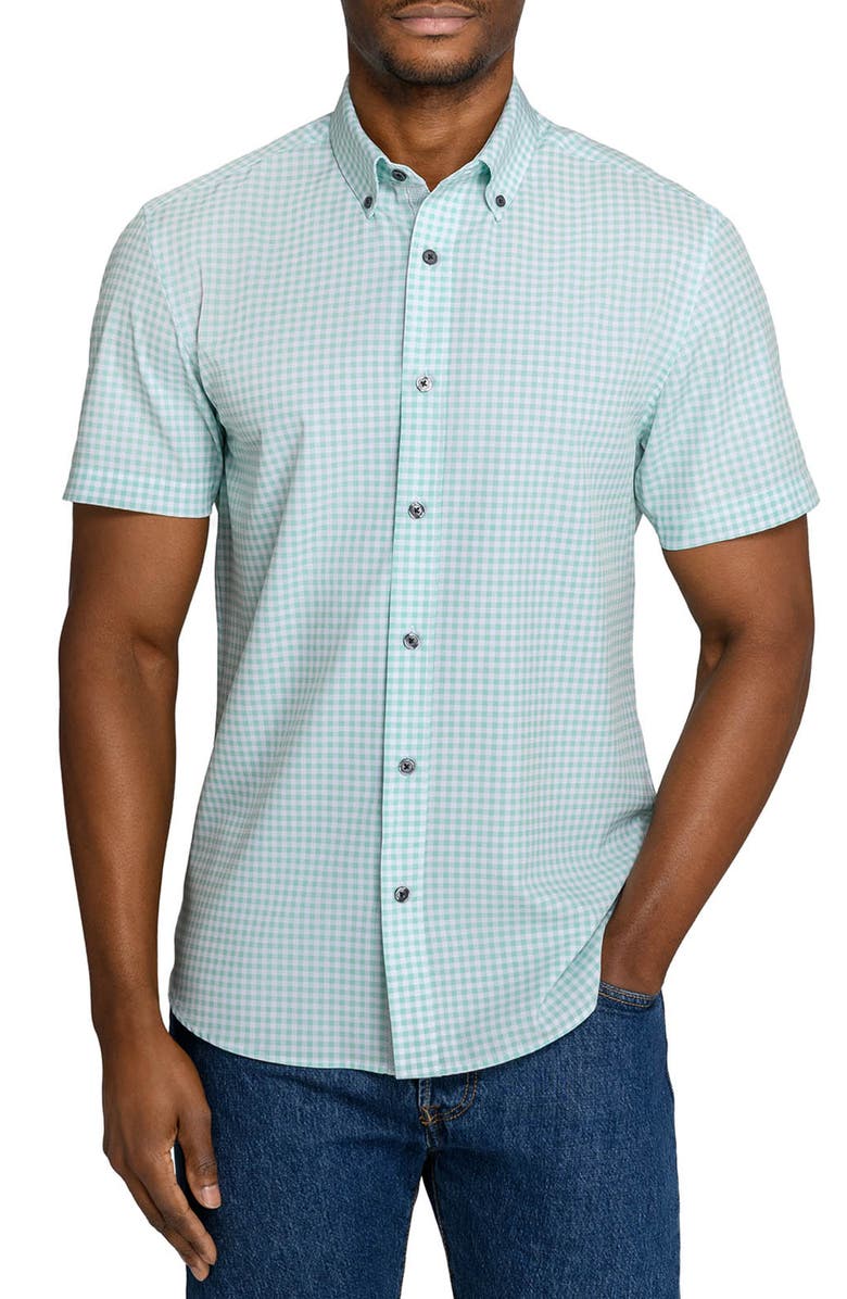 CONSTRUCT Slim Fit Gingham Woven Short Sleeve Basic Shirt, Main, color, Mint