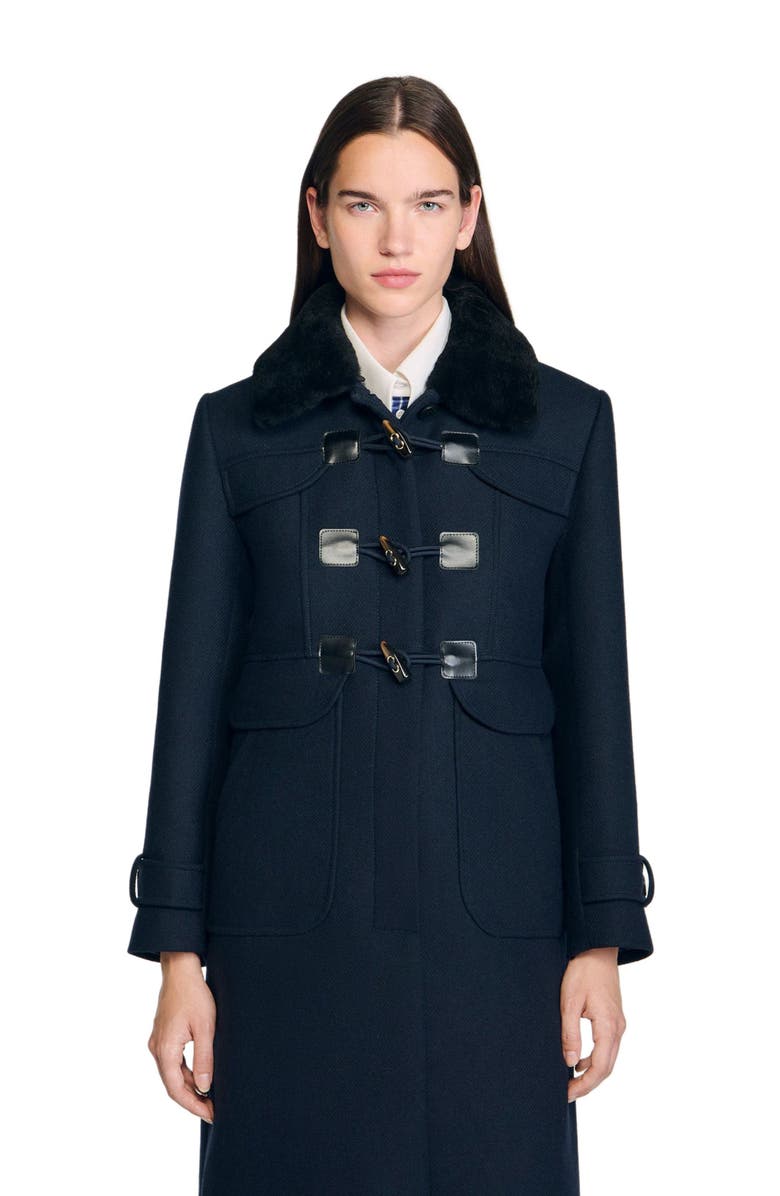 SANDRO Coat with removable shearling collar, Alternate, color, Navy Blue