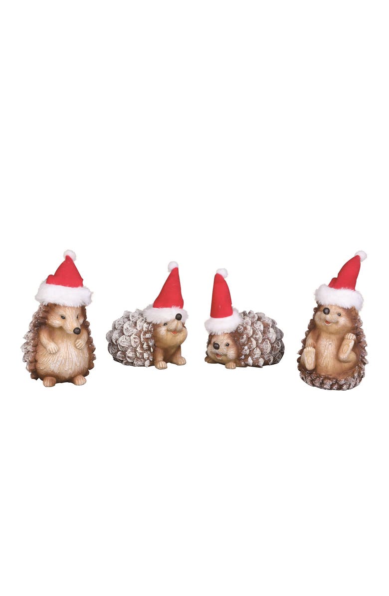 Transpac Medium Resin Holiday Hedgehog Set of 4 Decorative Figurines, Main, color, Brown