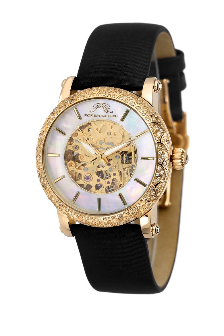 Liza Automatic Silk Covered Leather Strap Watch, 38mm, Main, color, BLACK-GOLD