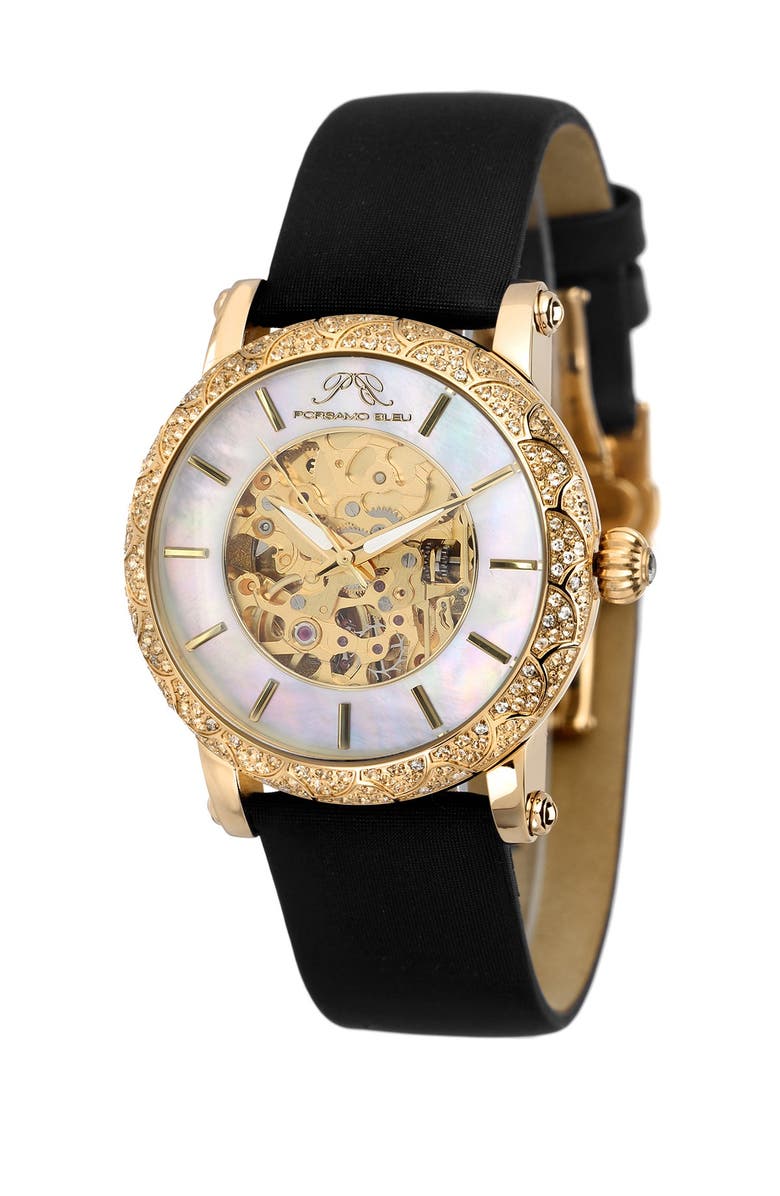 PORSAMO BLEU Liza Automatic Silk Covered Leather Strap Watch, 38mm, Main, color, Black-Gold