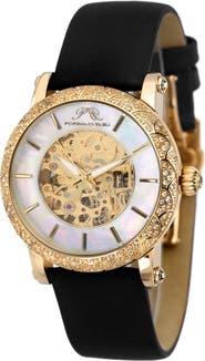 PORSAMO BLEU Liza Automatic Silk Covered Leather Strap Watch, 38mm