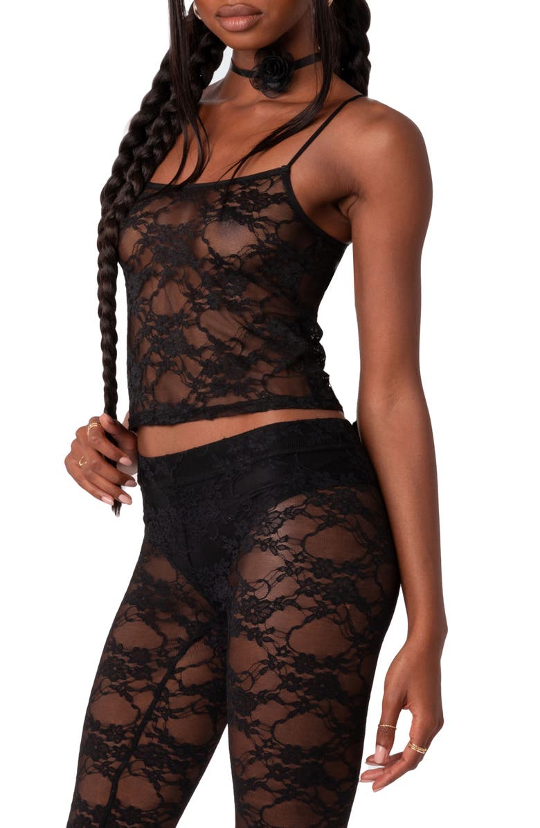 EDIKTED Gianna Sheer Lace Camisole, Alternate, color, Black