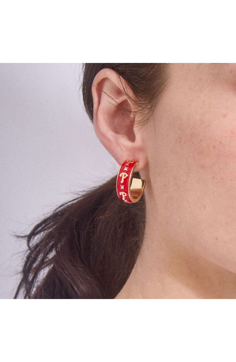 WEAR by Erin Andrews x BaubleBar Philadelphia Phillies Enamel Hoop Earrings, Alternate, color, Gold