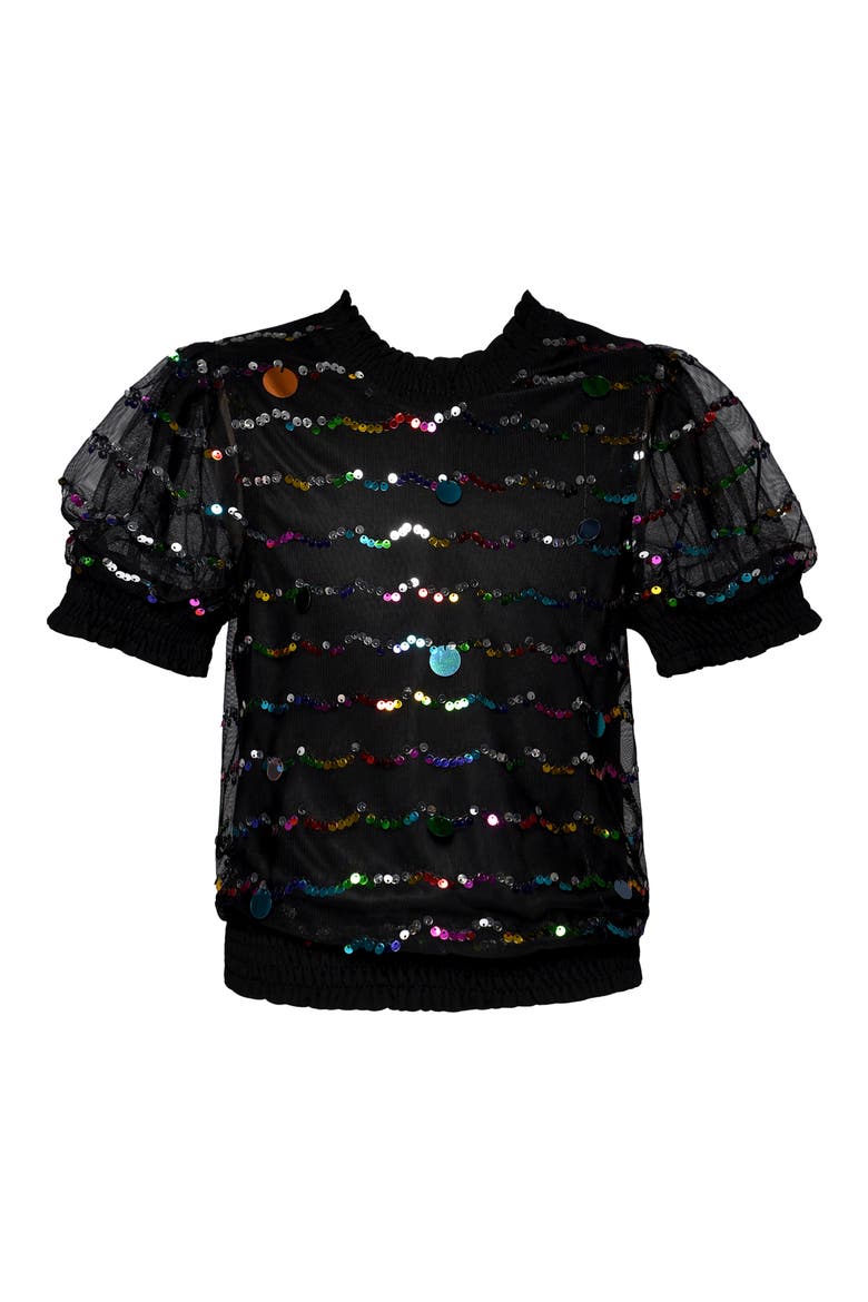 Kids' Sequin Mesh Puff Sleeve Top, Main, color, BLACK