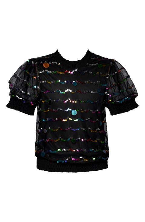 Kids' Sequin Mesh Puff Sleeve Top
