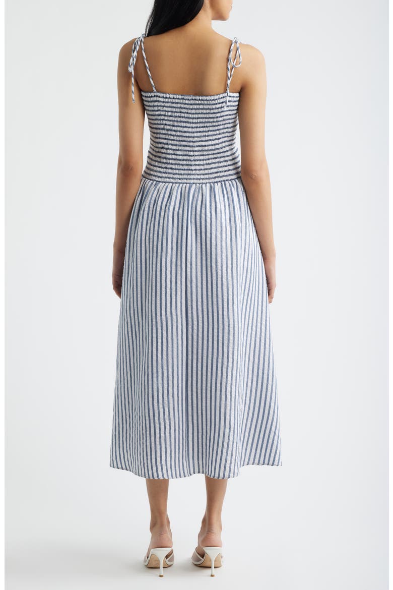 Tie Shoulder Smocked Midi Dress, Alternate, color, NAVY WHITE
