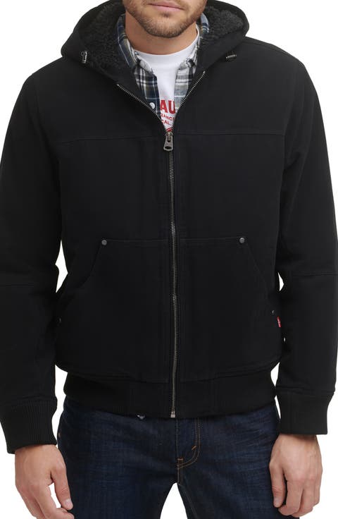 Workwear Cotton Canvas Faux Shearling Lined Hoodie Bomber Jacket