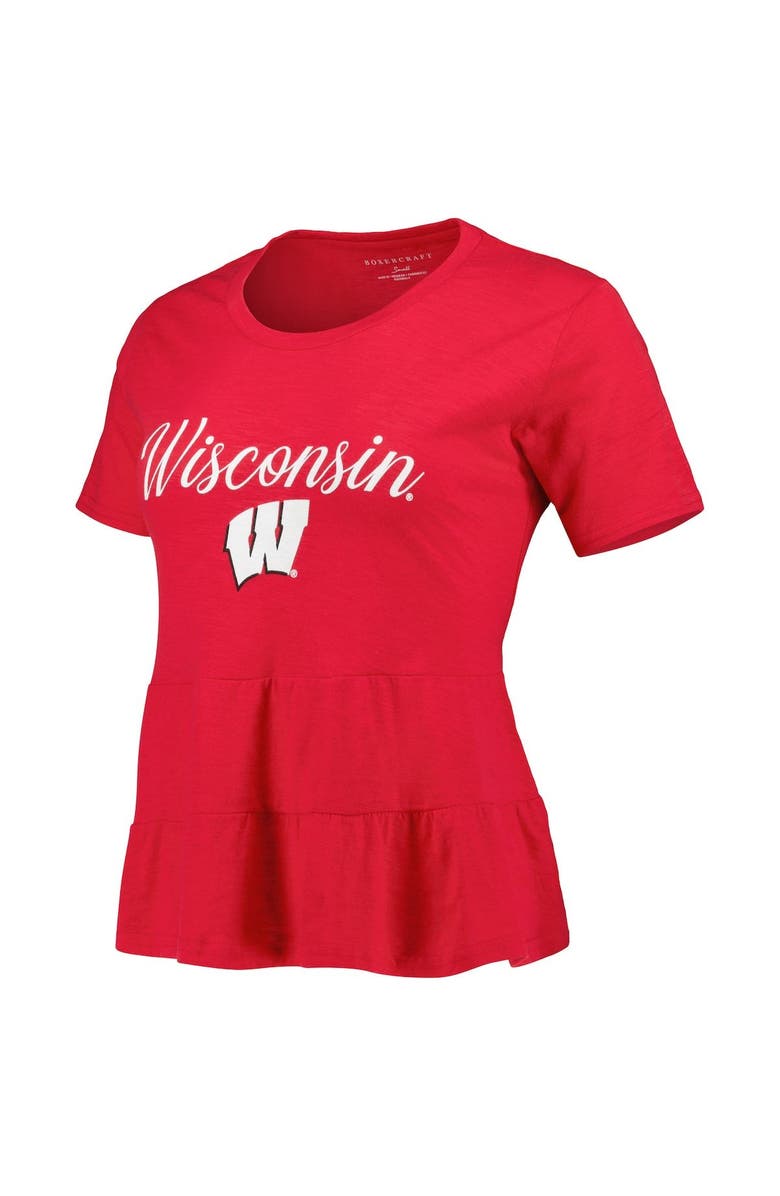 BOXERCRAFT Women's Red Wisconsin Badgers Willow Ruffle-Bottom T-Shirt, Alternate, color,