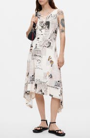Desigual Newspaper Print Handkerchief Hem Dress