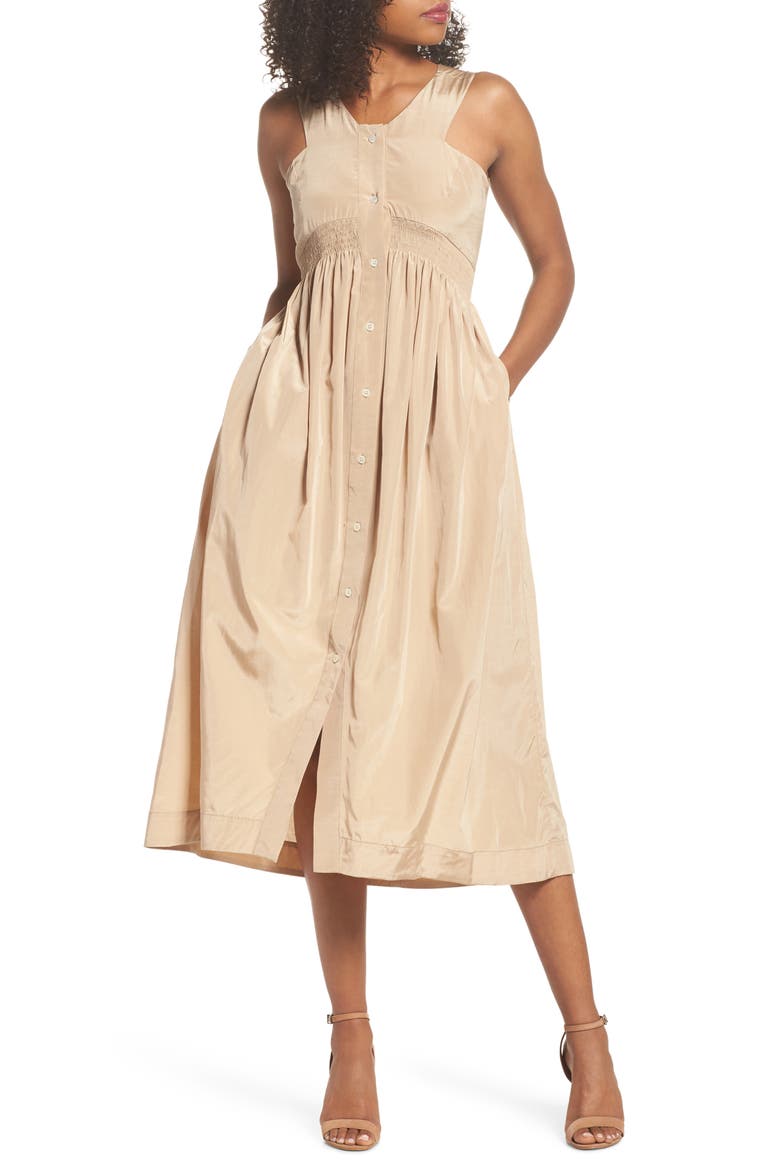 Aria Cotton & Silk Midi Dress, Main, color, BEIGE