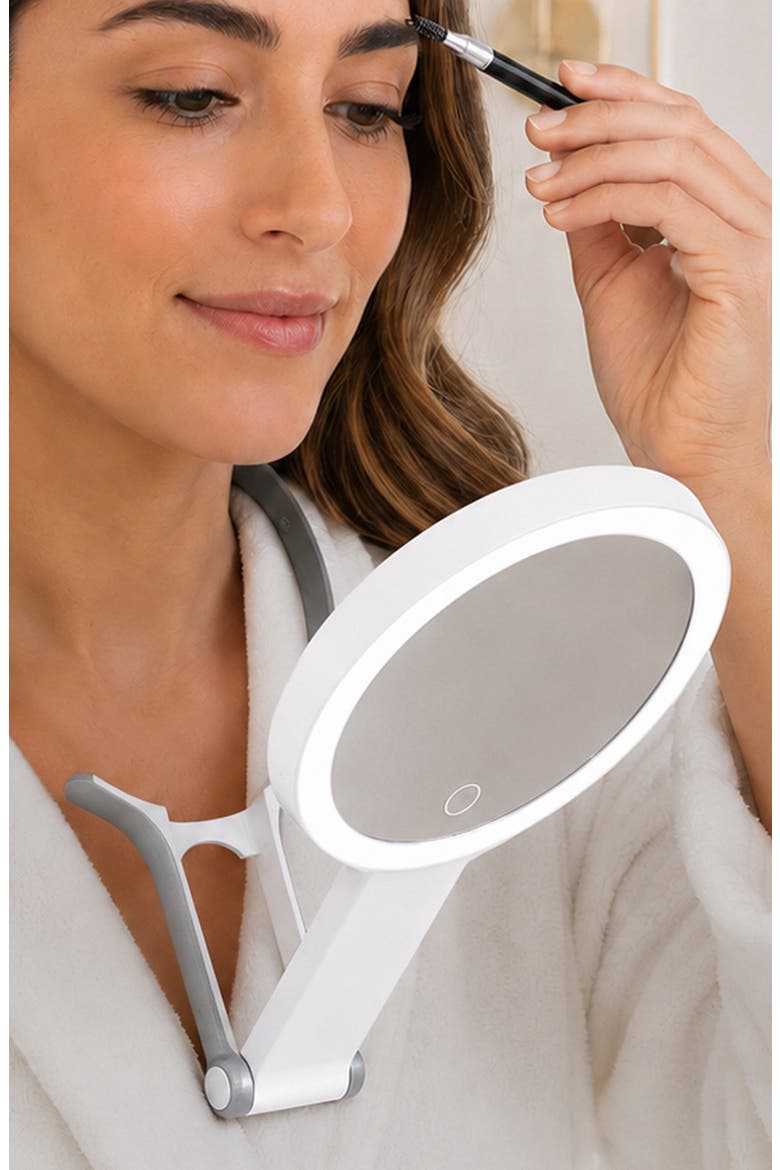 Multi-Position Lighted Travel Hand Mirror with 10X/1X Magnification, Alternate, color, White/Silver