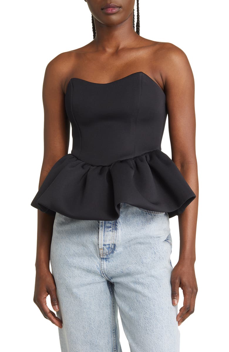 ASOS DESIGN Strapless Peplum Scuba Top, Main, color,