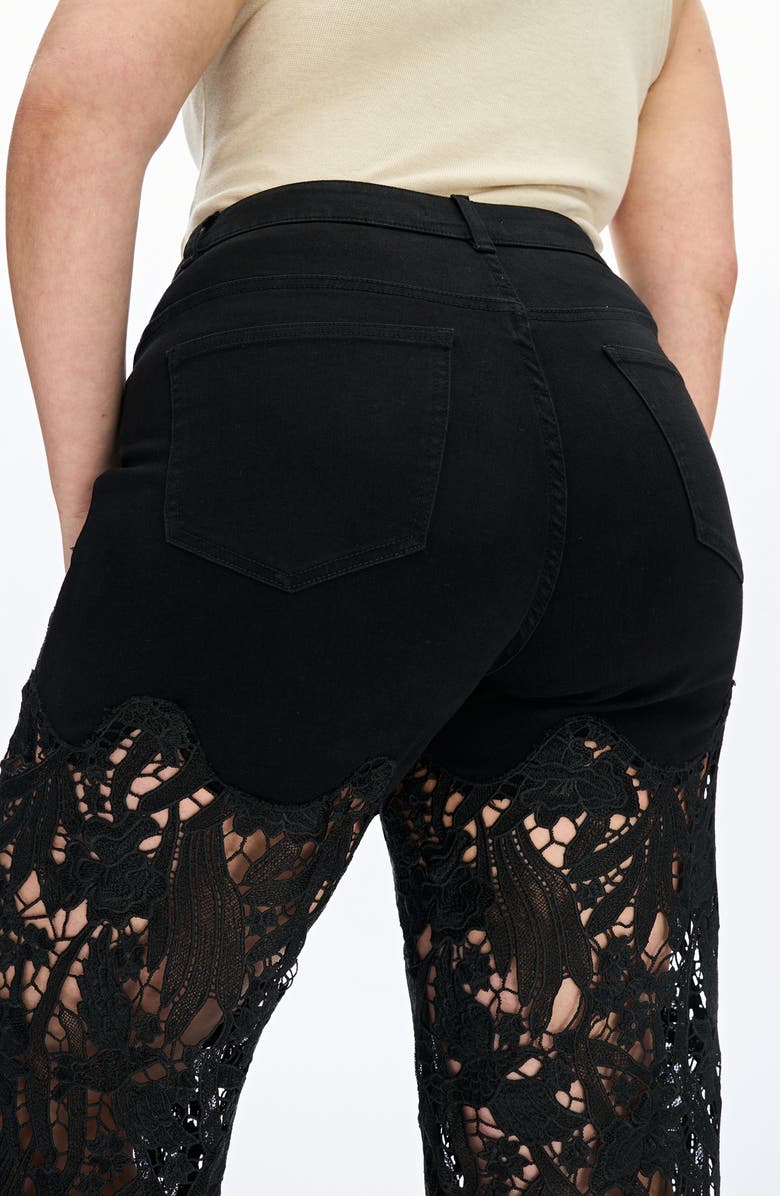 Bayeas Crystal Embellished Lace Wide Leg Jeans, Alternate, color, Black