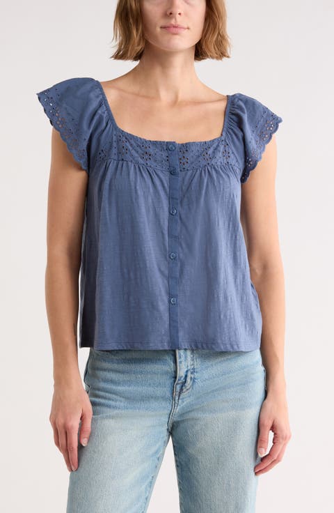 Mixed Media Short Sleeve Cotton Henley Top