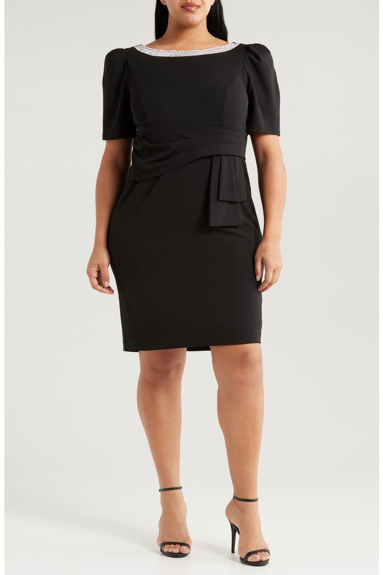 Embellished Crepe Sheath Dress, Main, color, BLACK