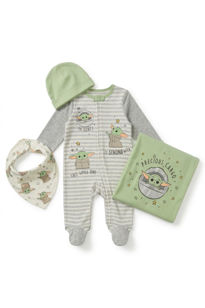 The Mandalorian Grogu Baby Shower 4-Piece Coverall and Accessory Set, Main, color, Grogu Sage Green