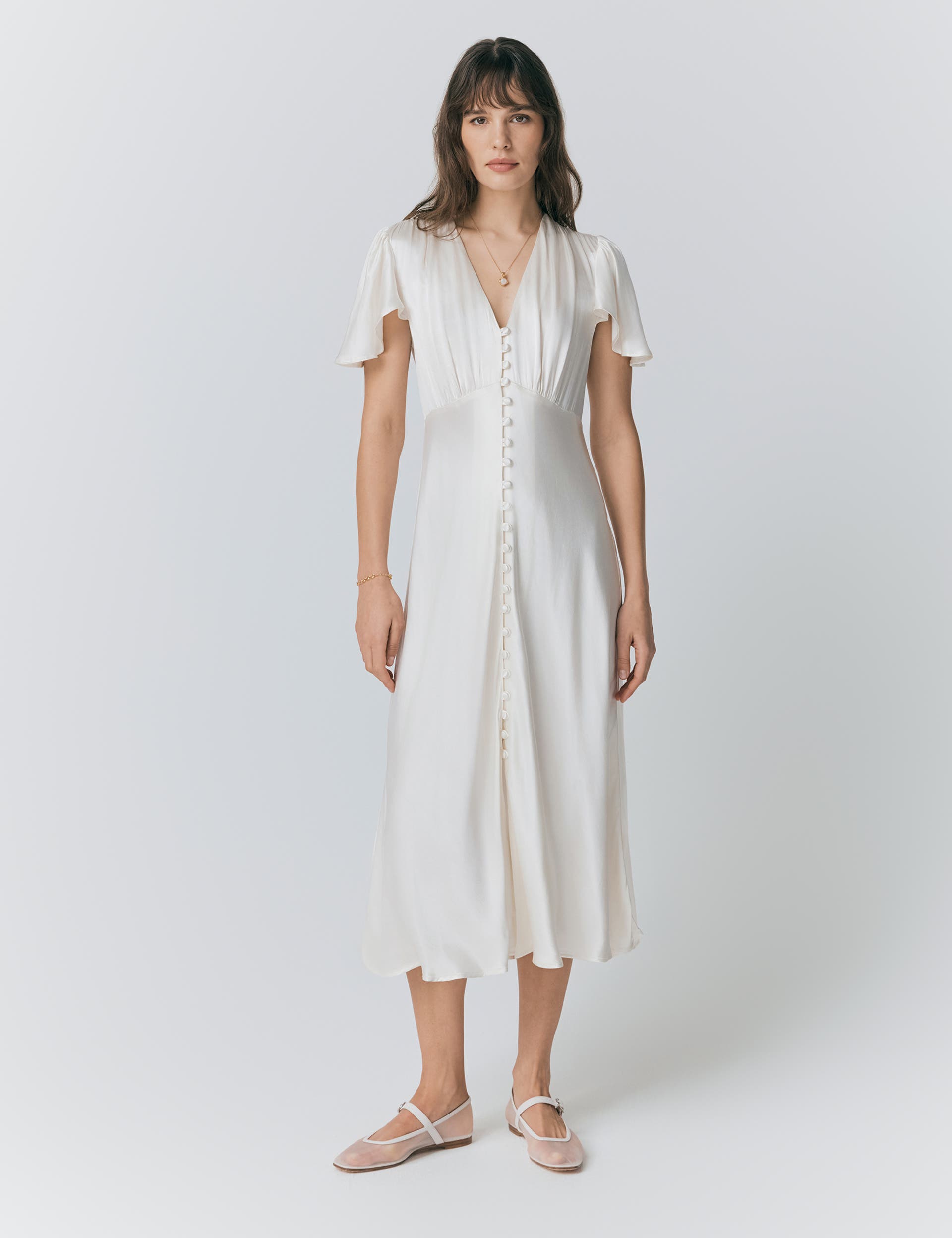 Grace Satin Button V-Neck Dress