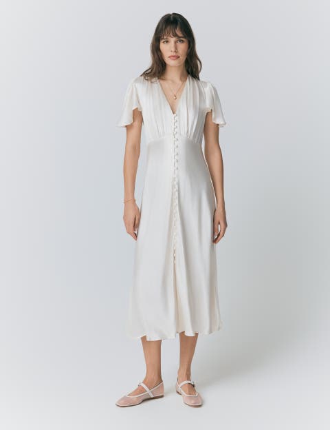 Grace Satin Button V-Neck Dress