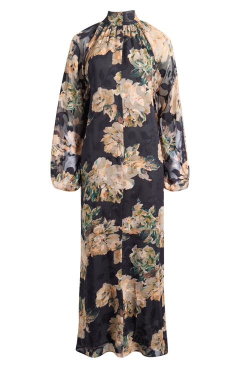 Botanical Tie-Neck Maxi Dress