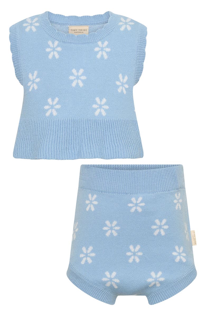 TINY TRIBE Flower Knit Top & Shorts Set, Main, color, Blue