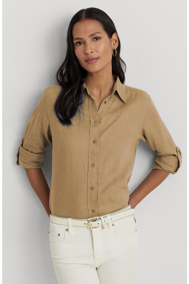 Relaxed Fit Linen Button-Up Shirt, Alternate, color, BIRCH BEIGE