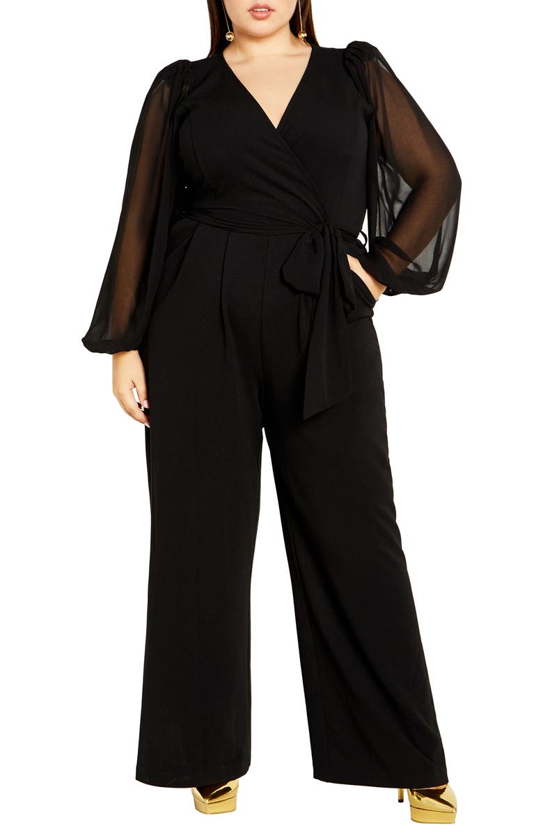 City Chic Belted Sheer Long Sleeve Jumpsuit, Main, color, Black
