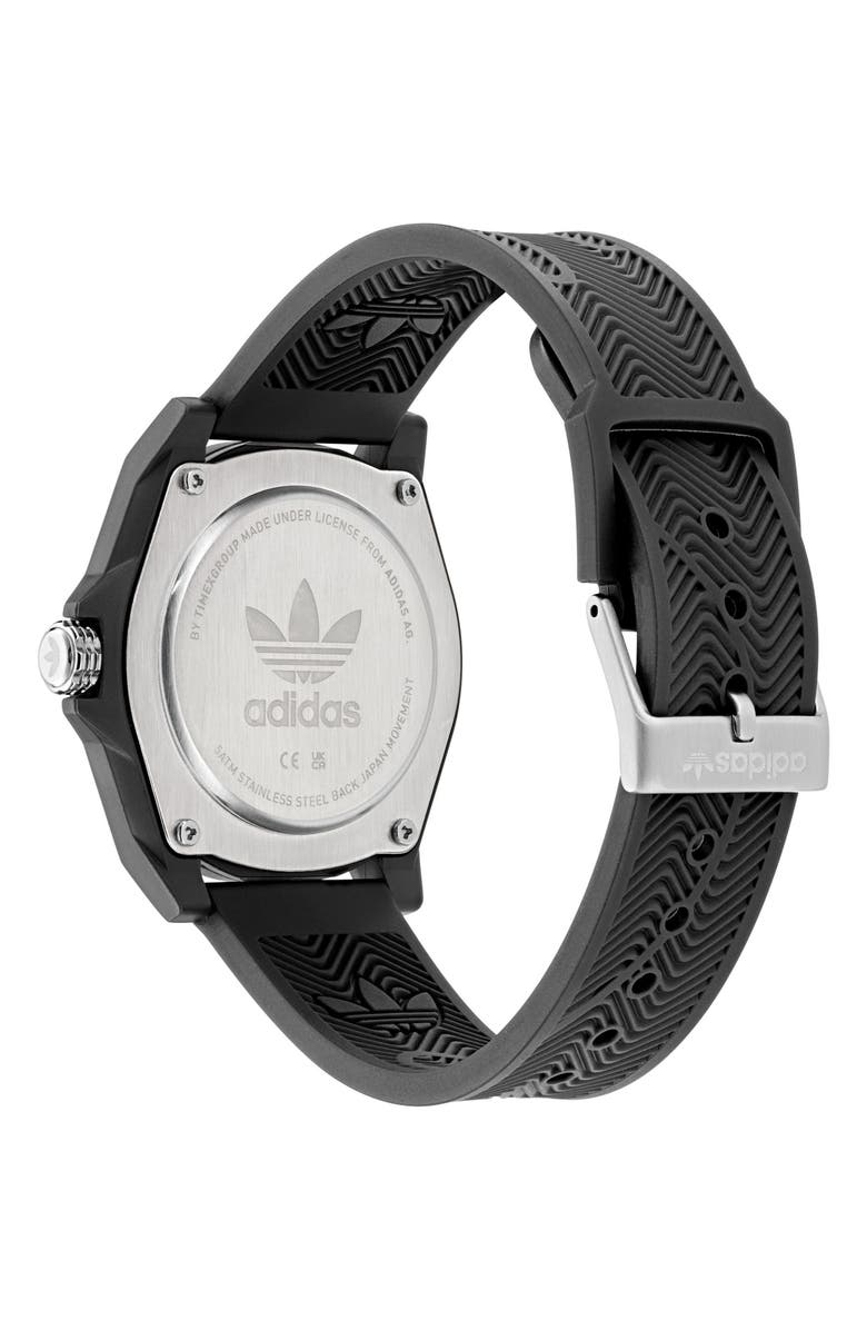 adidas AO Street Project 4 Black Logo Tread Dial Resin Strap Watch, 41mm, Alternate, color, 