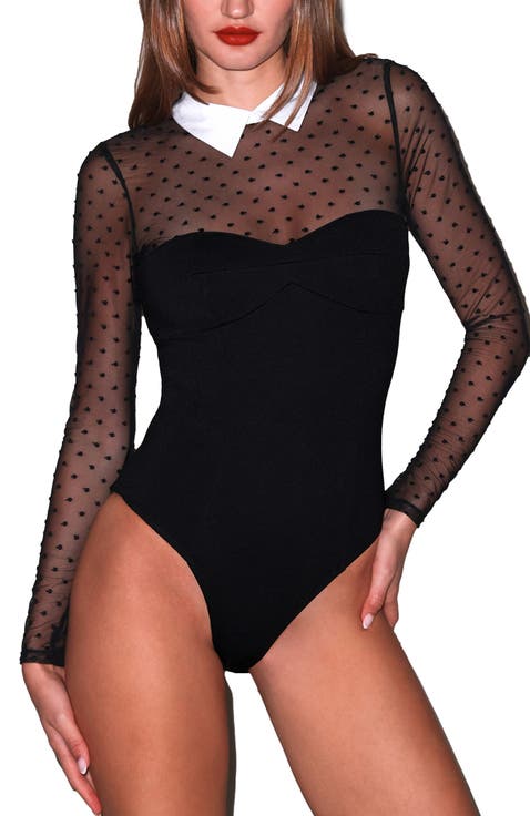 Collared Bodysuit with Dotted Tulle