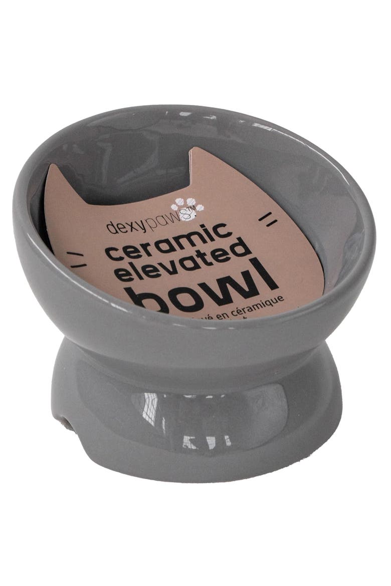 Elevated Ceramic Cat Bowl, Grey, 7oz, Main, color, Gray
