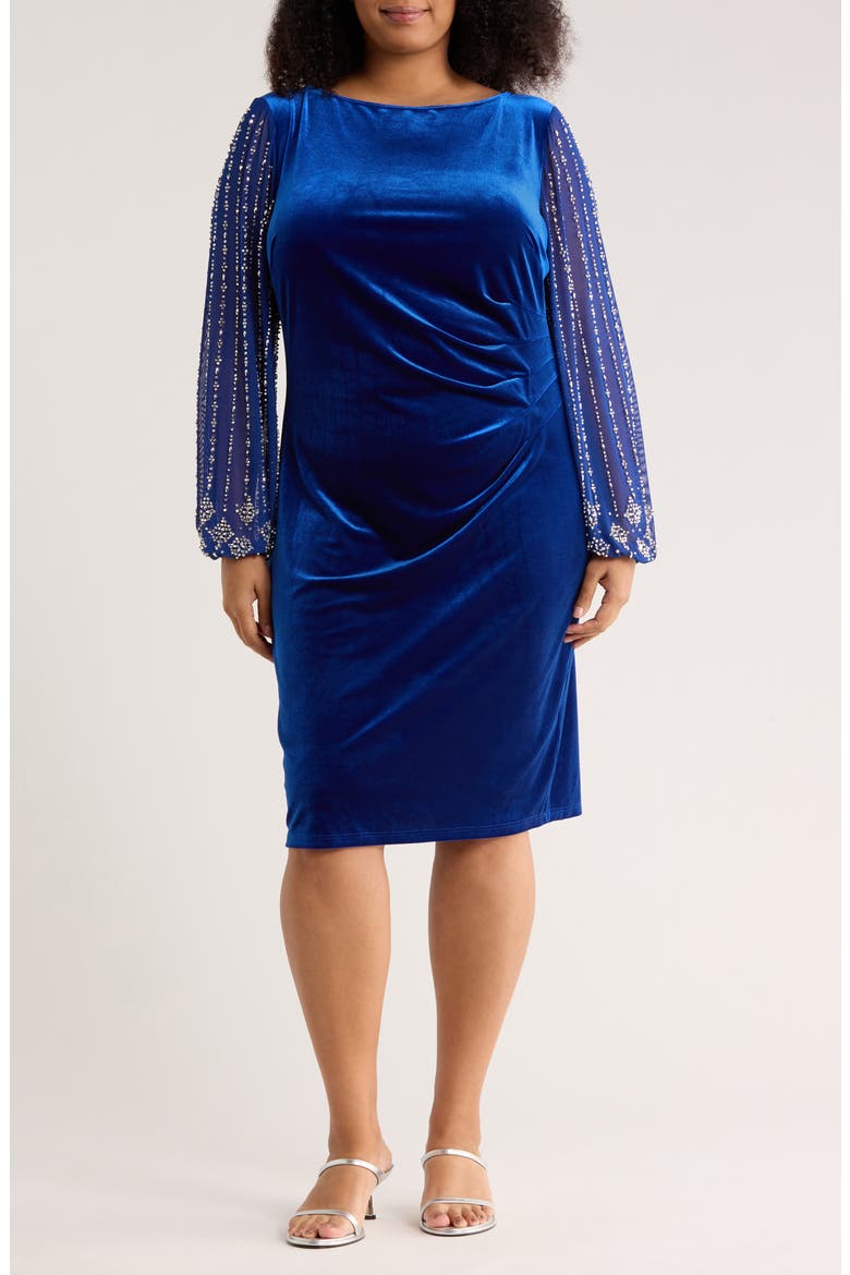 Beaded Long Sleeve Velvet Sheath Dress, Main, color, ROYAL