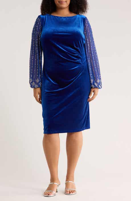 Beaded Long Sleeve Velvet Sheath Dress
