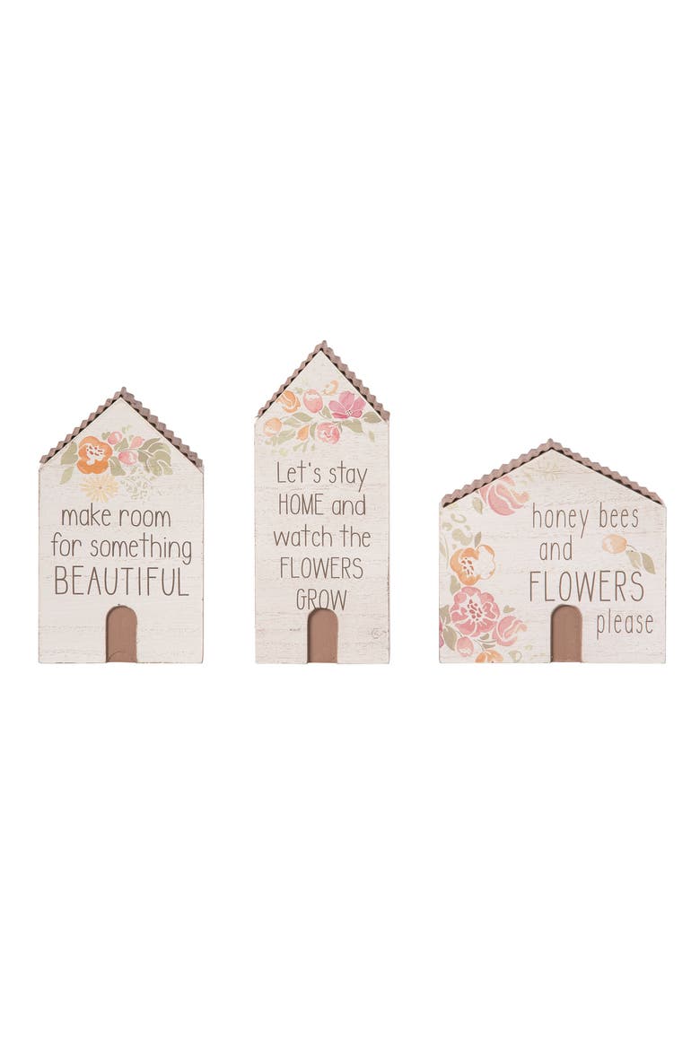 Wood 4.96 Inch White Spring Little House Decor Set of 3 Decorative Objects for Spring Home Decor, Main, color, White