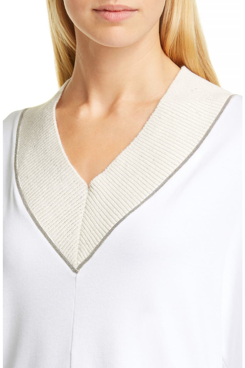 Bead Trim V-Neck Cotton Blend Sweater, Alternate, color, WHITE