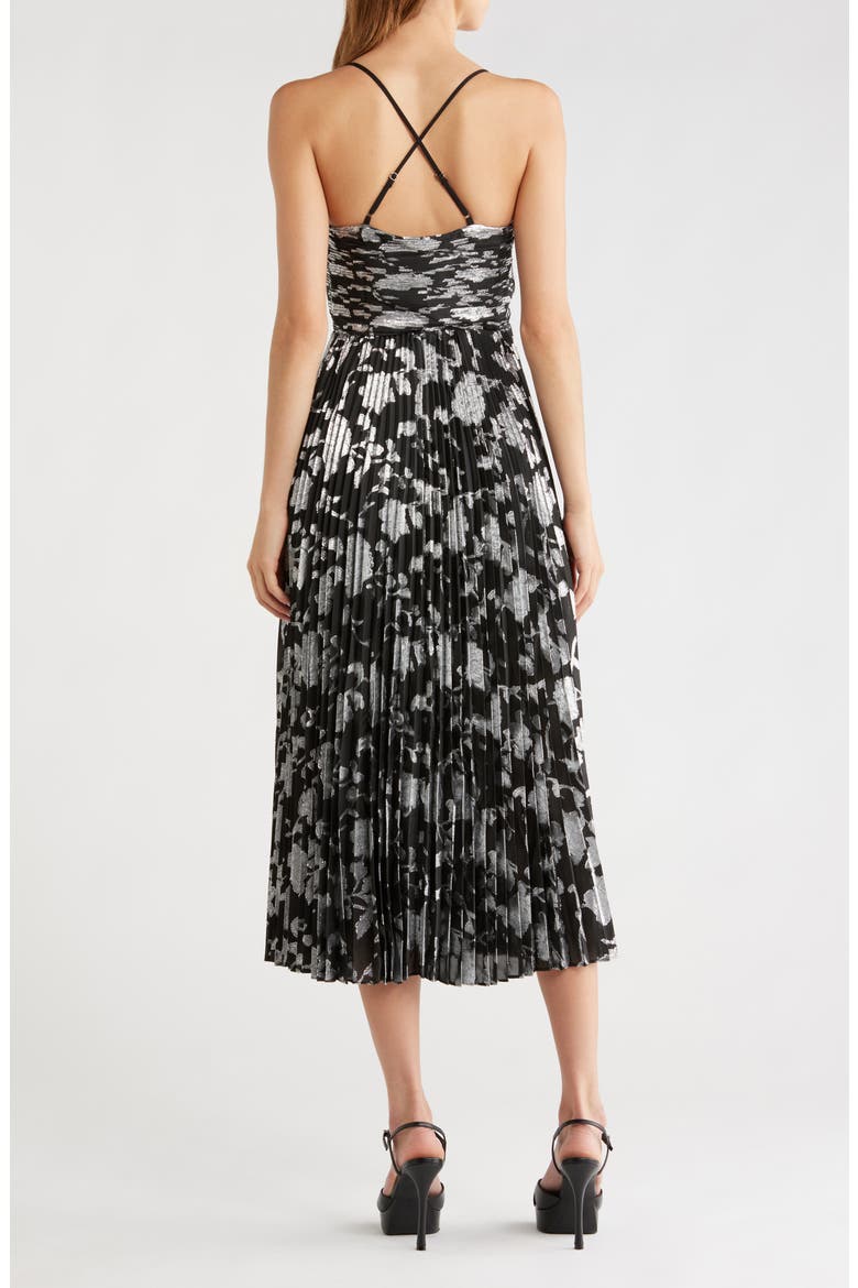 Saoirse Floral Metallic Pleated Mini Dress, Alternate, color, BLACK SILVER
