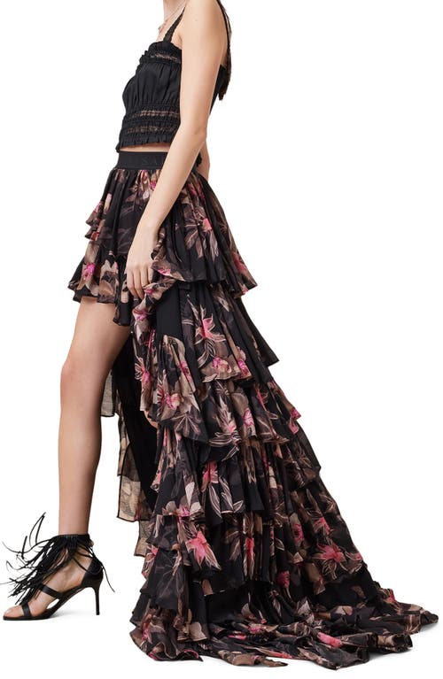 Allsaints Cavarly Layered Ruffle High-low Maxi Skirt In Adena Black