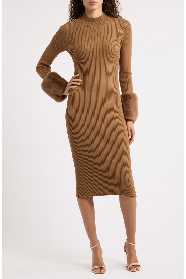 Savannah Faux Fur Cuff Ribbed Sweater Dress, Main, color, SABLE