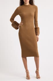 Elie Tahari Savannah Faux Fur Cuff Ribbed Sweater Dress