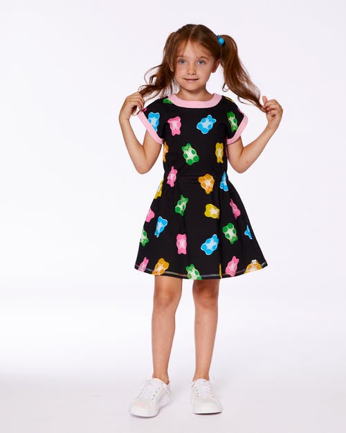 Deux Par Deux Girl's Printed French Terry Dress Black And Multicolored Gummies In Black And Multicolored Gummies