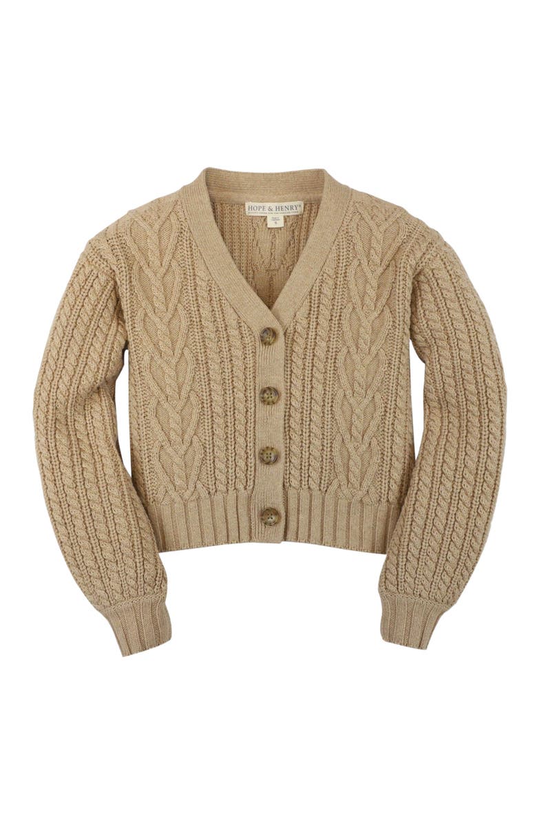 Hope & Henry Girls' Chunky Cable Cardigan, Kids, Main, color, Camel Heather Heart Cable