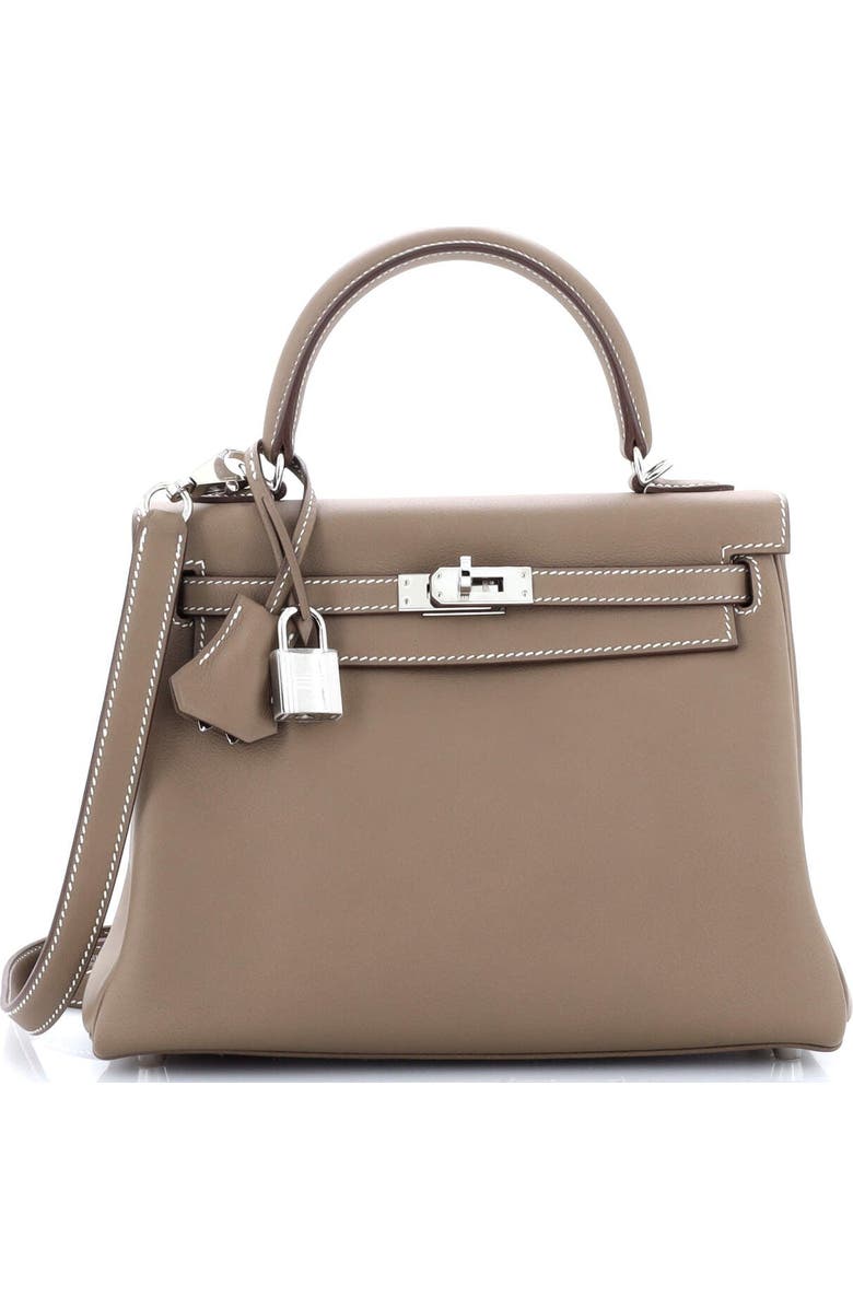 Pre-Owned Hermes Kelly Handbag Grey Swift with Palladium Hardware 25, Main, color,