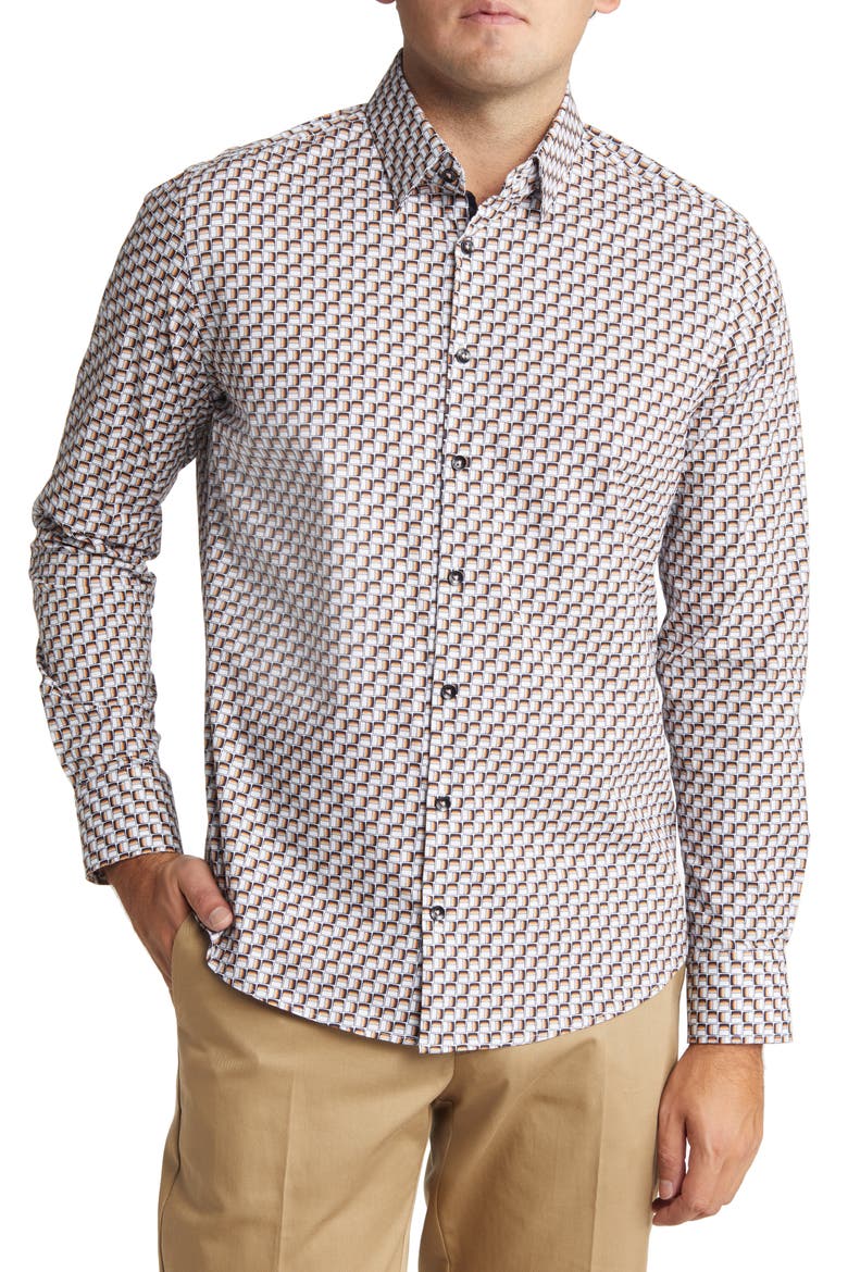 Men's Scotch Print Stretch Cotton Button-Up Shirt, Main, color, WHITE