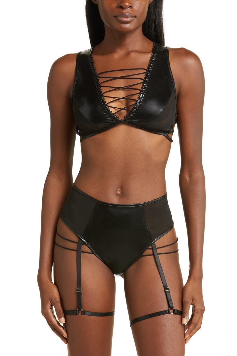 Strappy Faux Leather & Mesh Bralette, Main, color, BLACK